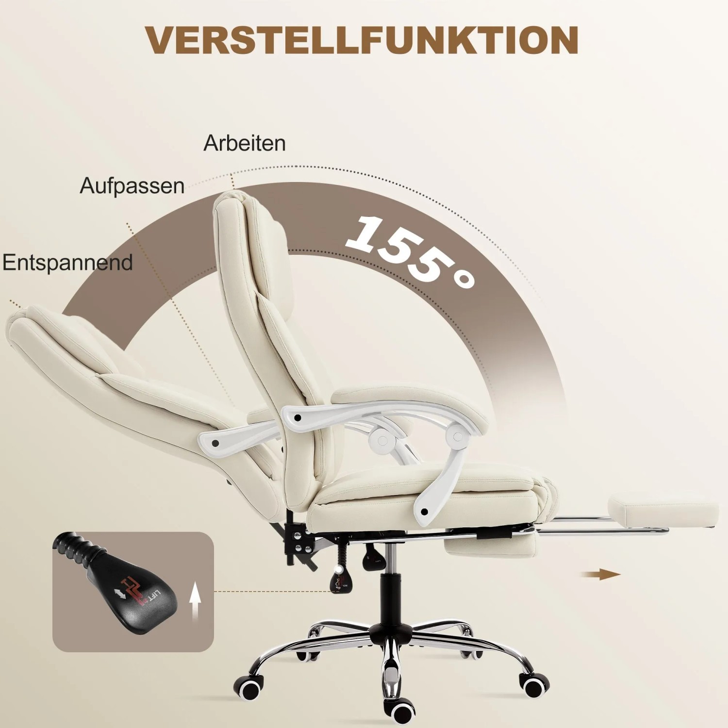 Beiger HOMCOM Bürostuhl aus Kunstleder mit 155° verstellbarer Rückenlehne, ausziehbarer Fußstütze und Höhenverstellung.