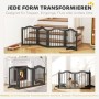 Schwarzes PawHut Hundegitter aus MDF/Holz, flexibel an Treppe, Kamin und als Raumbegrenzung gezeigt. Ideal für kleine Hunde.