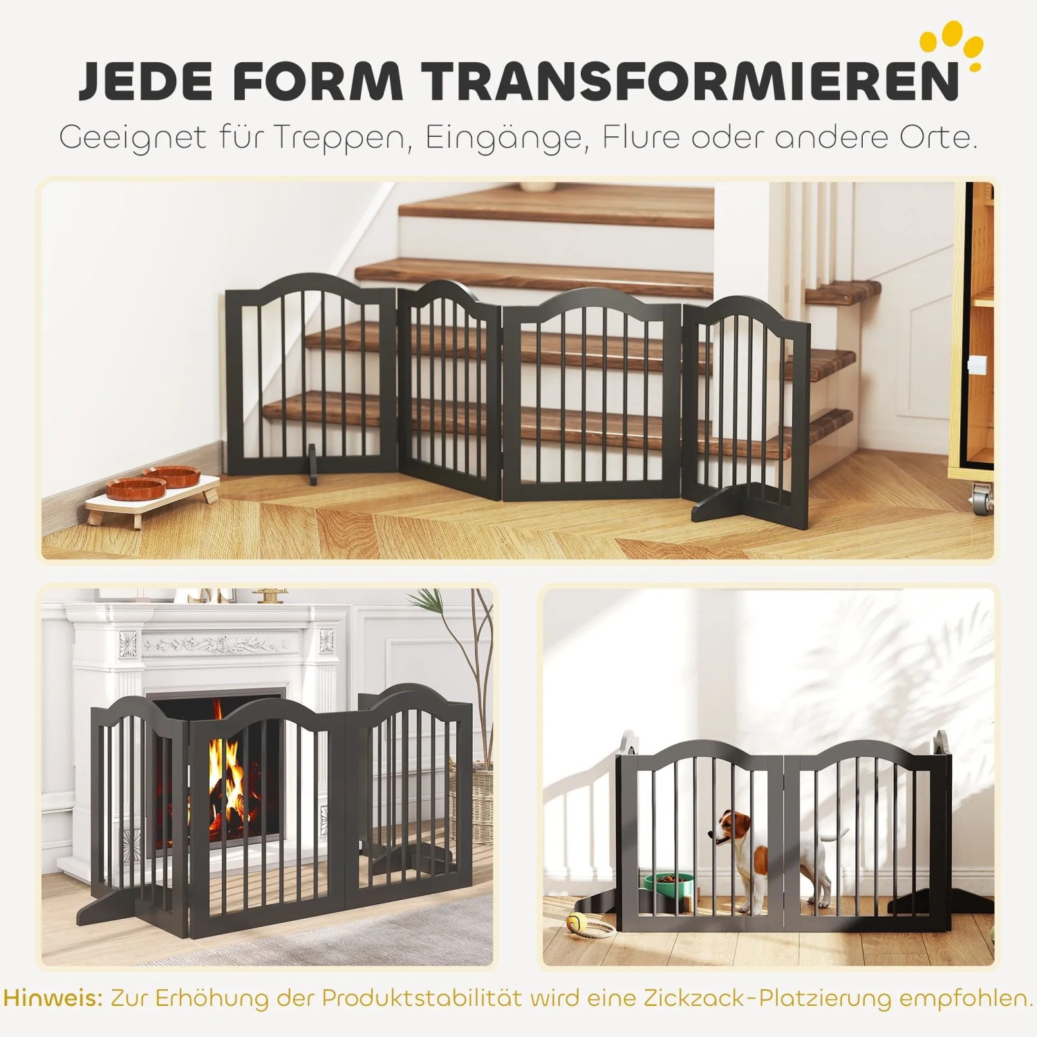Schwarzes PawHut Hundegitter aus MDF/Holz, flexibel an Treppe, Kamin und als Raumbegrenzung gezeigt. Ideal für kleine Hunde.