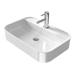 Weißes Keramik Aufsatzwaschbecken, eckig mit abgerundeten Kanten und Hahnloch. Modernes Design für Ihr Badezimmer.