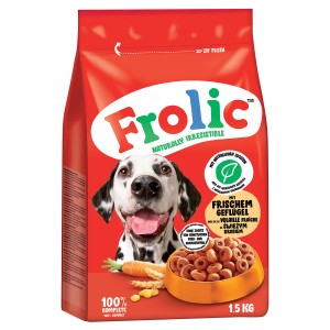 Frolic Hunde-Trockenfutter Geflügel, 1,5 kg Packung mit Dalmatiner und Futterringen.