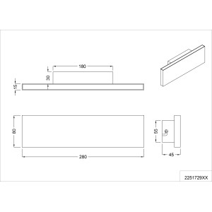 Technische Zeichnung der weißen, 2-flammigen Trio LED-Wandlampe Concha mit Maßen.