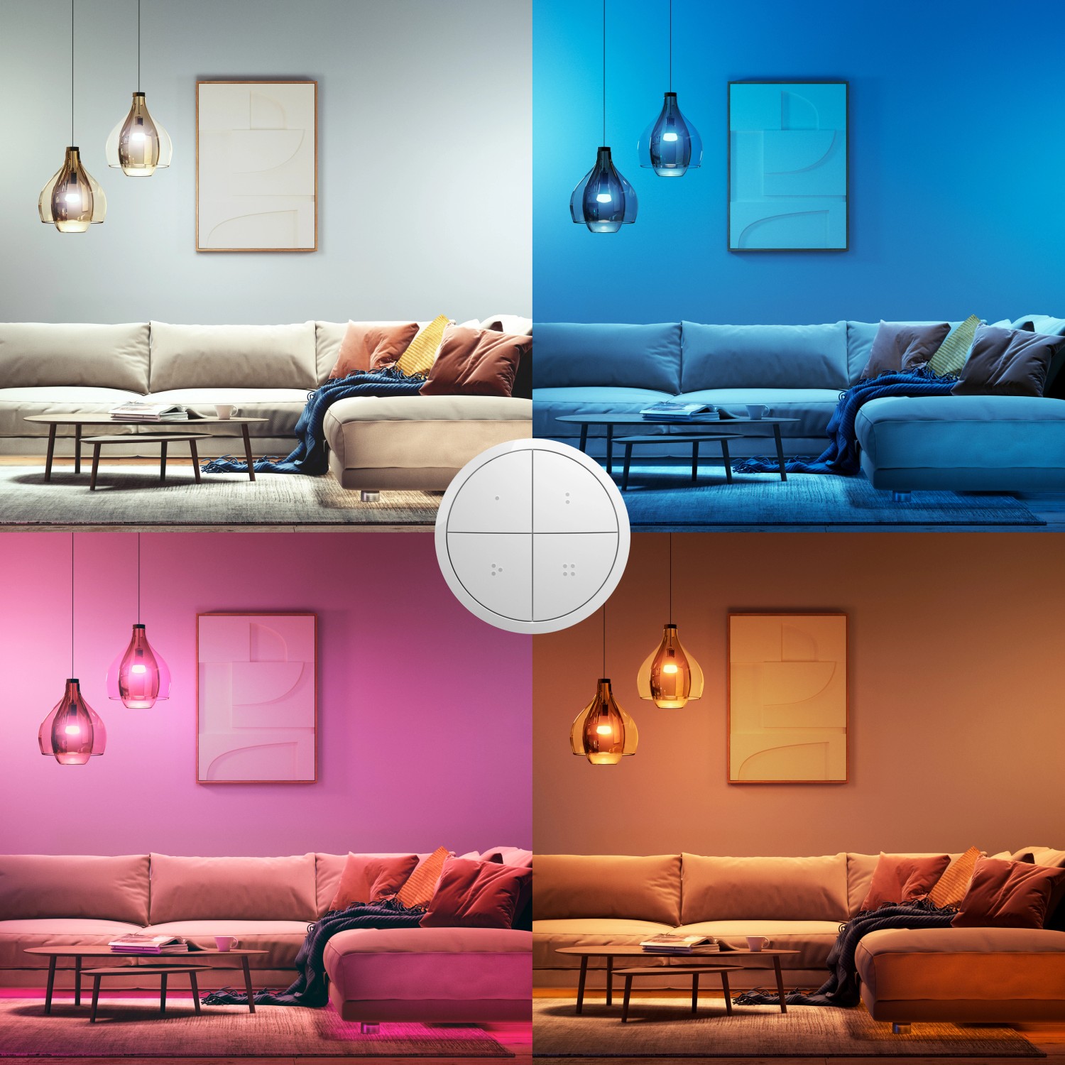 Philips Hue Tap Dial Schalter in Weiß mit farbiger Ambiente-Beleuchtung im Wohnzimmer.