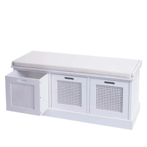 Weiße Sitzbank mit drei Aufbewahrungsboxen und creme-weißem Polster, 47x110x40cm.