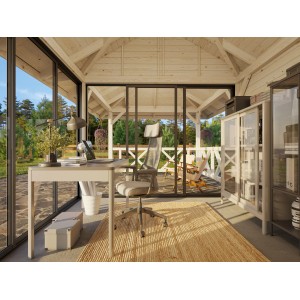 Palmako Pavillon Bianca Set: Weiß lackiertes Weekendhaus mit Schiebetüren und Büroeinrichtung.