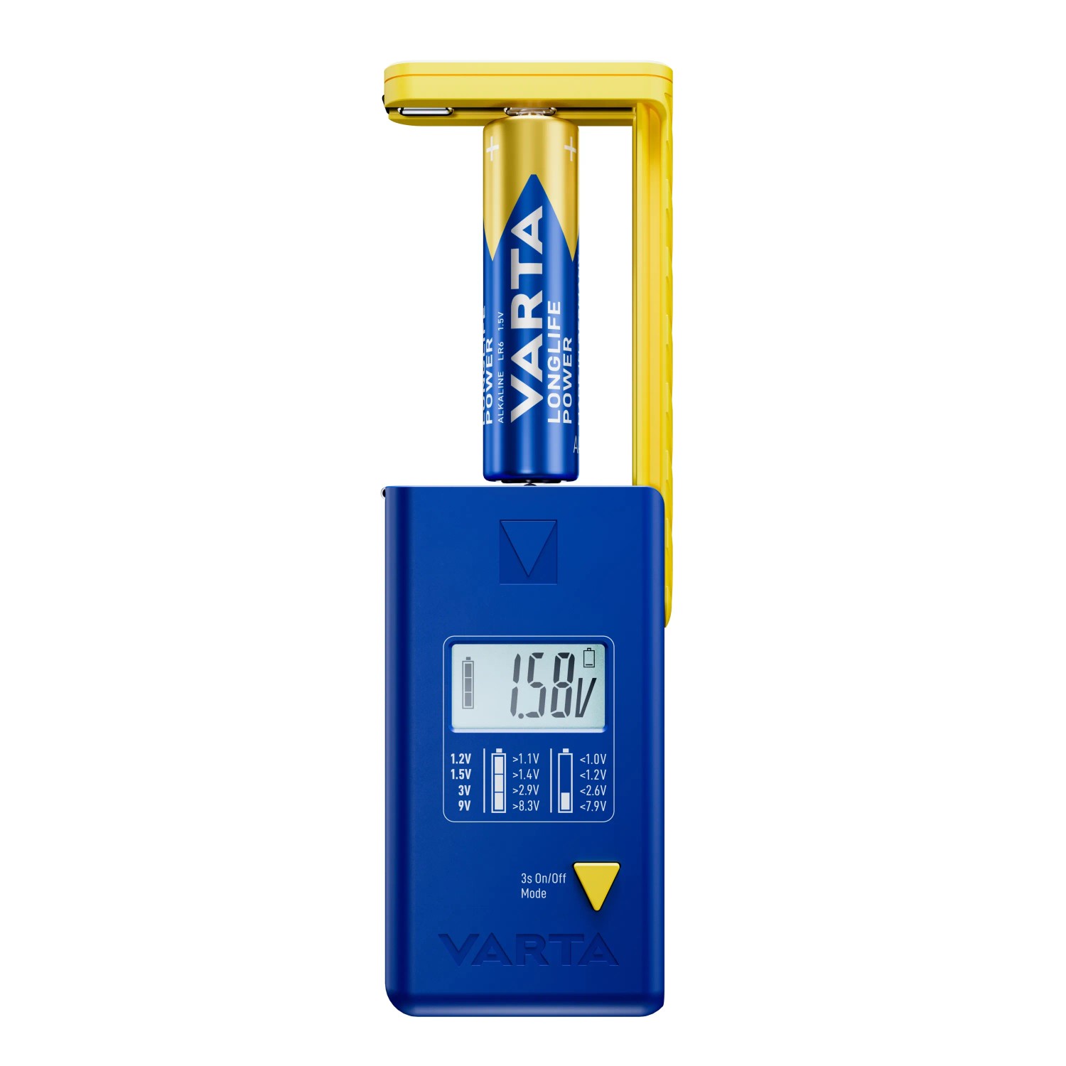 Varta Batterietester mit LCD-Display und eingelegter Batterie zum Testen.