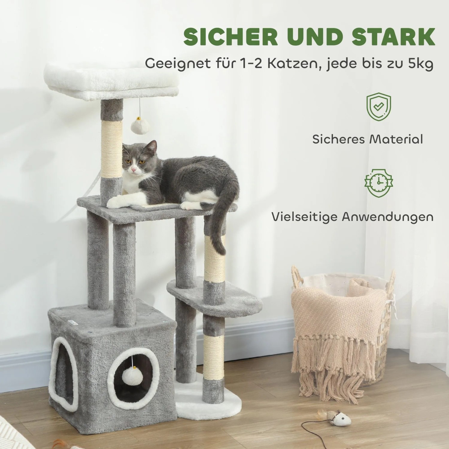 Grau-weißer PawHut Kratzbaum mit Plüsch, Sisalstämmen, mehreren Ebenen und Höhle. Eine Katze liegt auf einer Plattform.
