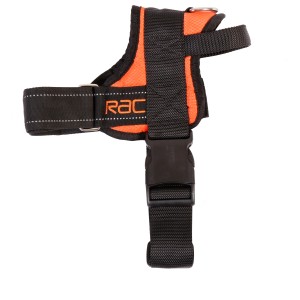 Schwarzes Heim RAC Comfort Hundegeschirr, Größe XL, mit orangefarbener Polsterung und verstellbaren Riemen.