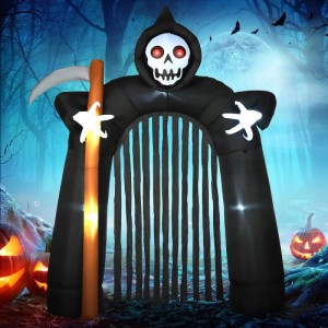 Aufblasbarer Halloween Sensenmann-Torbogen mit leuchtenden Augen, Sense und LED-Beleuchtung. Dekorative Figur.