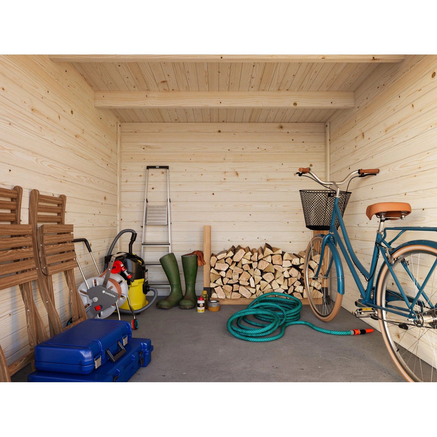 Innenansicht Palmako Ella Holz-Gartenhaus: Unbehandeltes Holz, Flachdach, mit Leiter, Fahrrad und Gartengeräten.