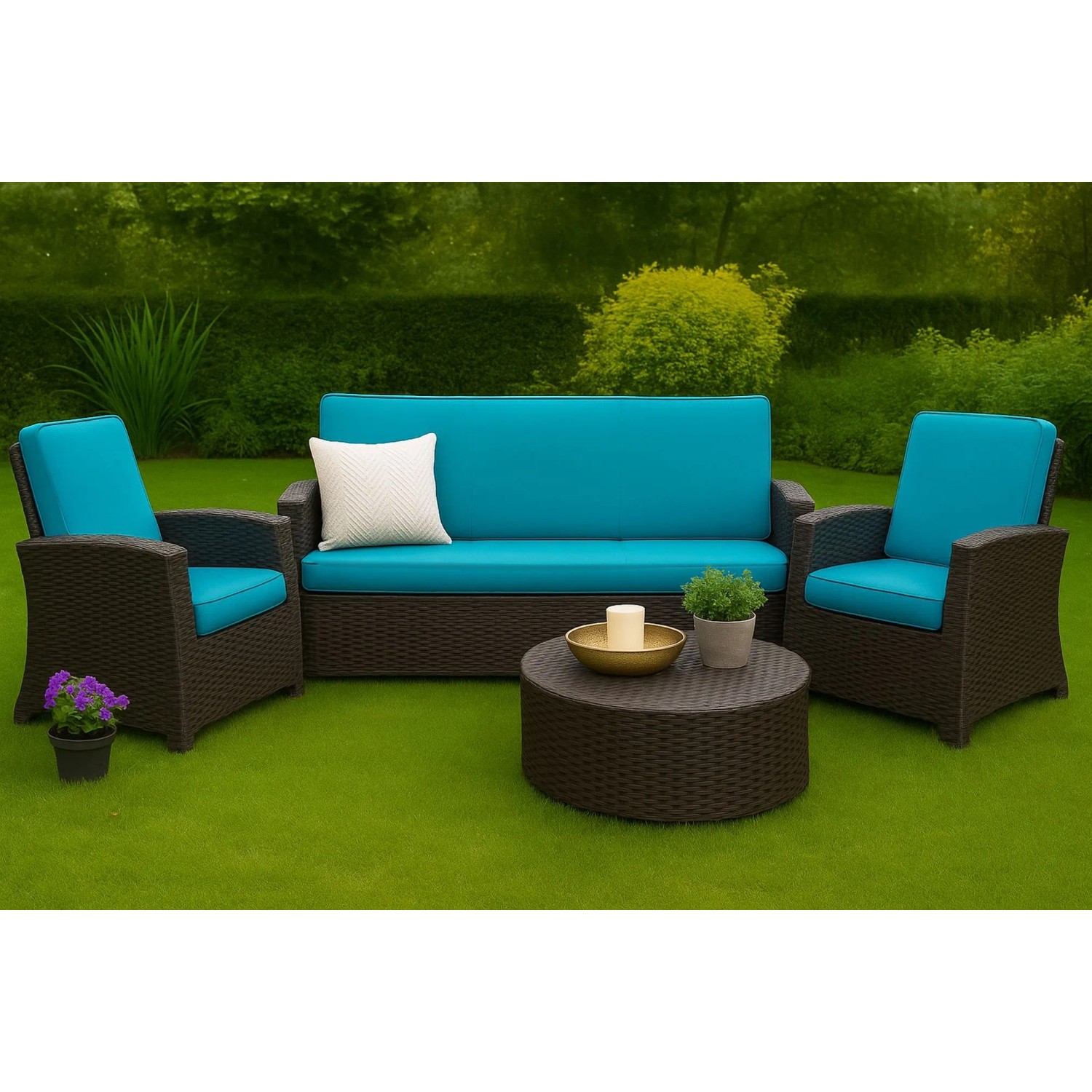 Blaues Gartenkissen-Set für Polyrattan-Möbel, bestehend aus Sitz- und Rückenkissen für ein 3-Sitzer Gartensofa.