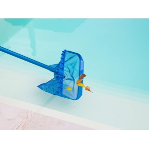 Steinbach Bodenkescher im Einsatz: Blauer Poolkescher mit Laub im Netz zur Poolreinigung.