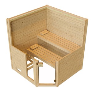 Weka Massivholzsauna Valida Eck, 9kW Sparset mit Glastür und Fenster. Kompakte Ecksauna aus Fichte mit Liegen.