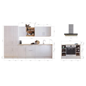 Respekta Landhaus Inselküche Anton 310 cm in Lärche Weiß mit E-Geräten und Inselhaube.