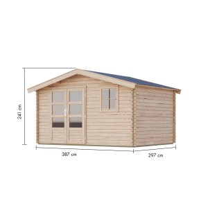 Karibu Gartenhaus Arosa, unbehandeltes Holz mit Satteldach und Maßangaben.