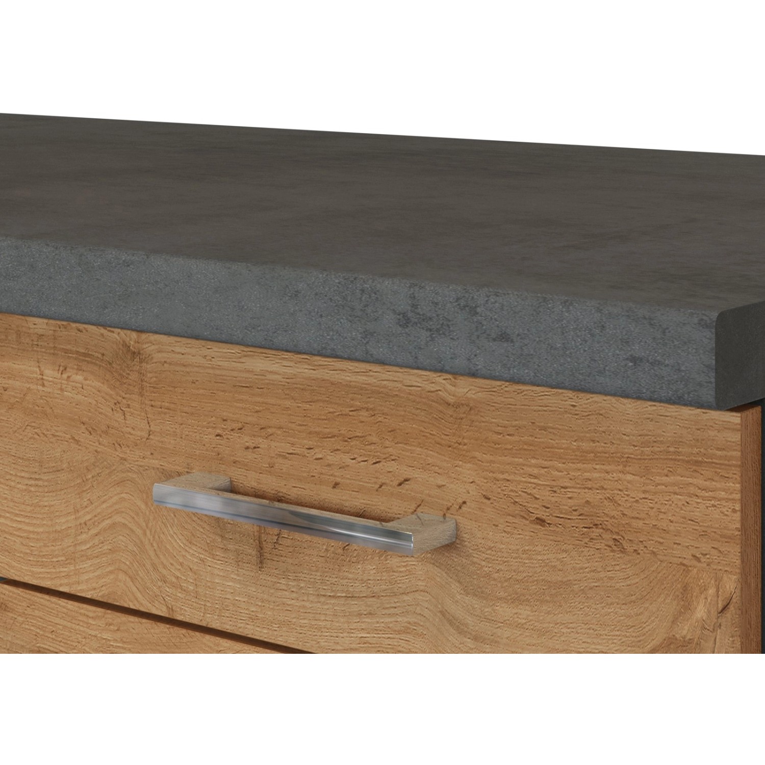 Detailaufnahme: Held Möbel Küchenzeile Sorrento, Wotaneiche/Grafit, Arbeitsplatte und Schublade mit Griff.