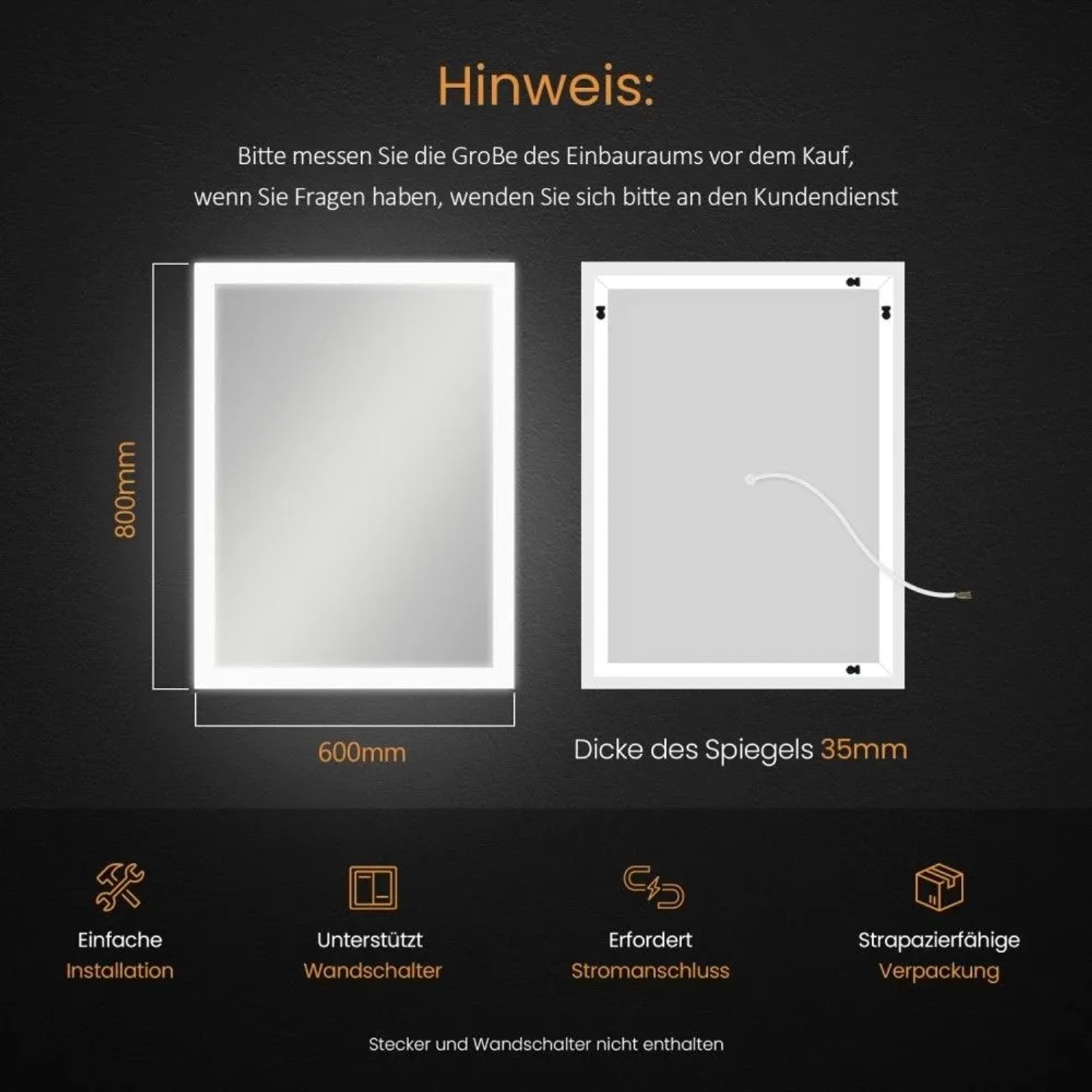 Emke LED Badspiegel 80 x 60 cm Wandspiegel Badezimmerspiegel mit Beschlagfrei KaltweißWarmweißNeutralweiß_6