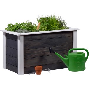 Schwarzes Dobar Hochbeet (108x62x60cm) aus Holz mit Kräutern, Gießkanne und Gartengeräten.