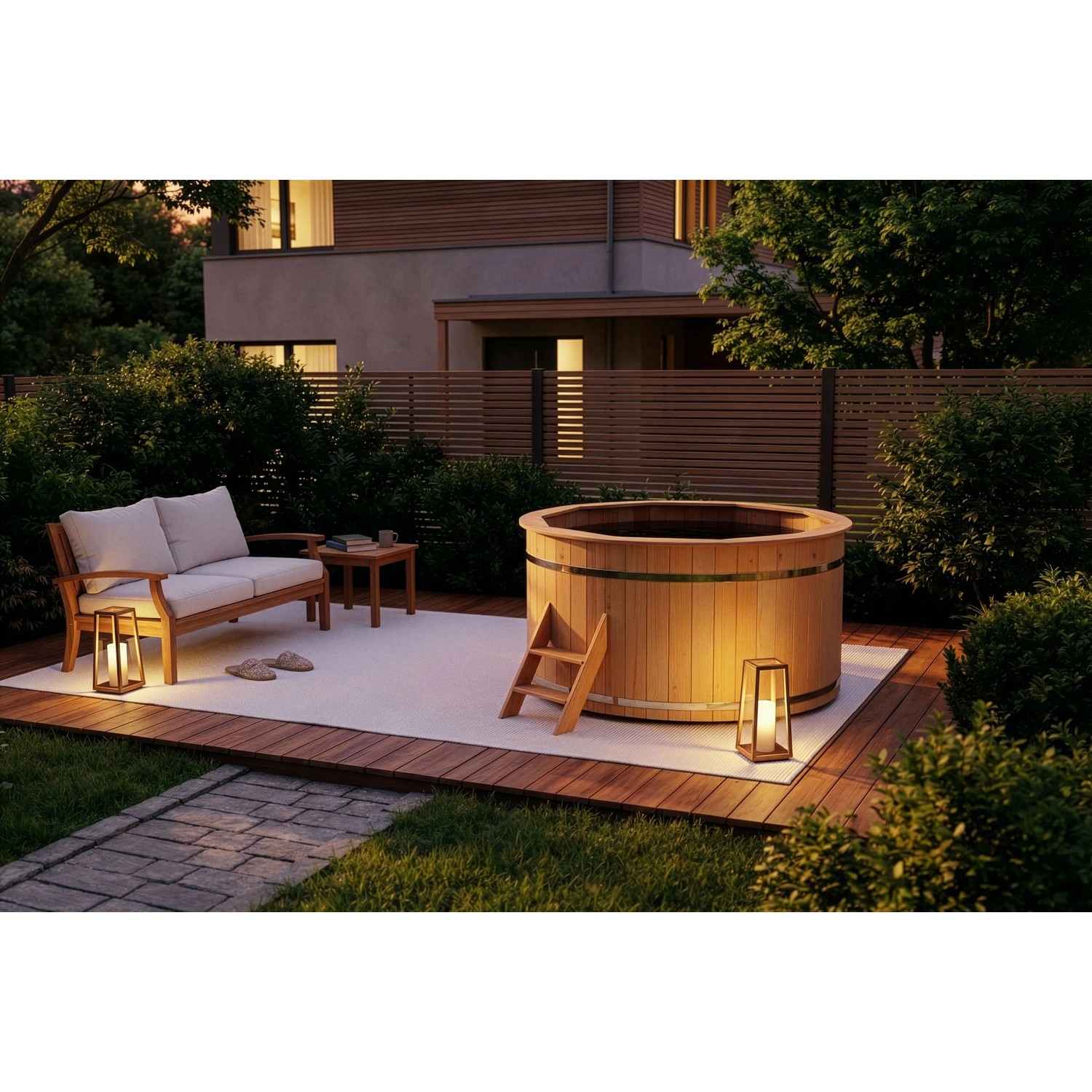 Finntherm Holz-Badefass Bergen, Ø 180 cm, aus nordischer Fichte mit Leiter im Garten.