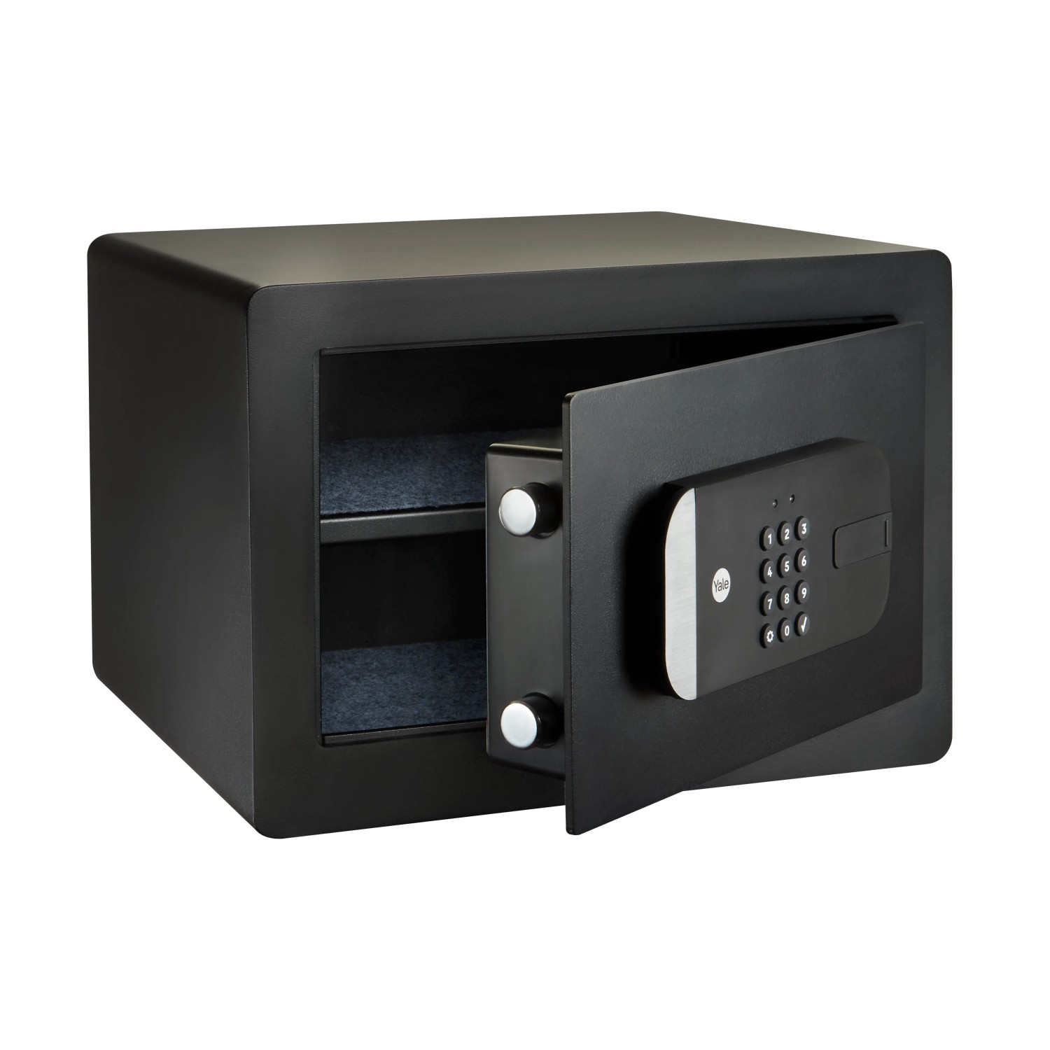 Offener, schwarzer Yale Tresor Smart Safe mit Tastenfeld und Bluetooth Funktion.