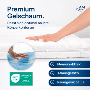 AM Qualitätsmatratzen Gel Topper 160x200cm: Weißer Matratzen Topper mit Hand, Detailaufnahme.