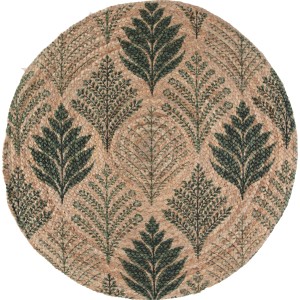 Runder Jute Teppich (Ø 100 cm) in Natur und Grün mit Blattmuster.
