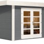 Graues Weka Holz-Gartenhaus mit Flachdach und Doppeltür. Ideal zur Aufbewahrung im Garten.