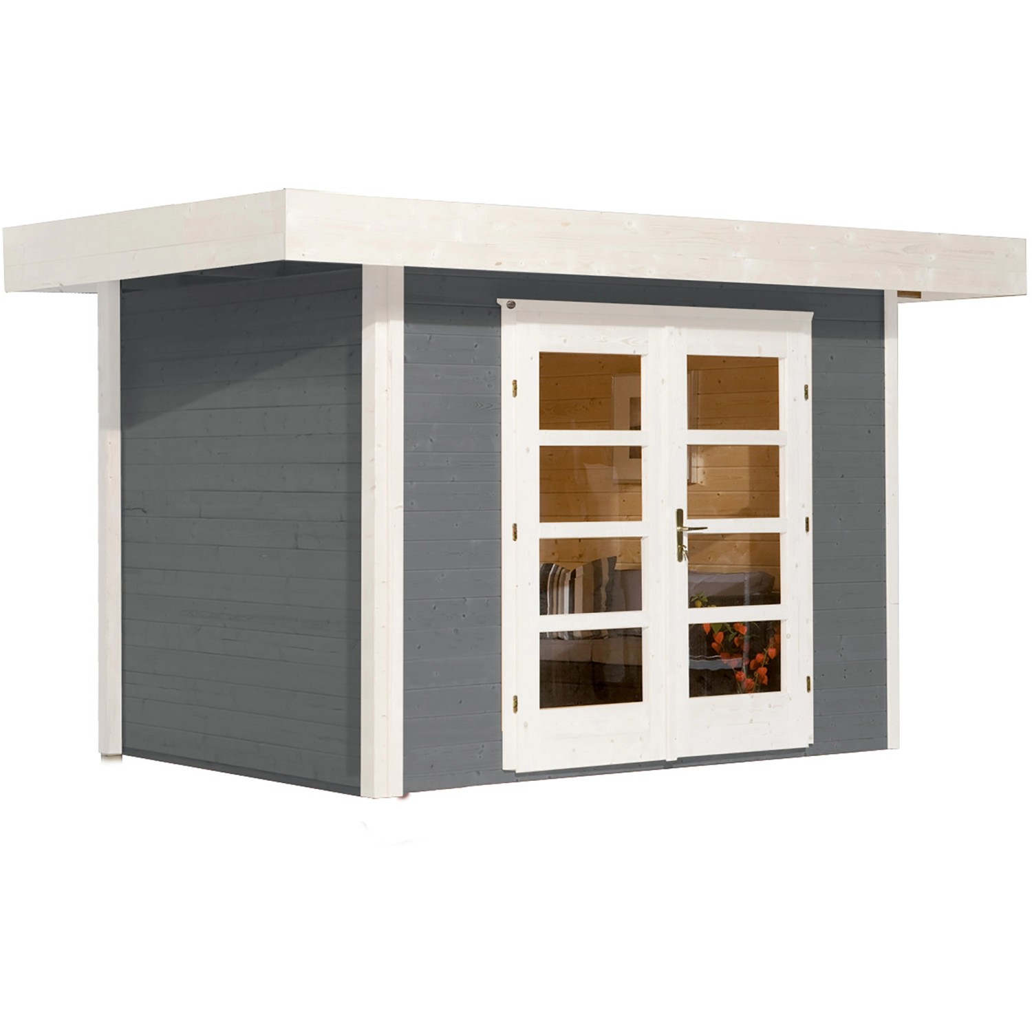 Graues Weka Holz-Gartenhaus mit Flachdach und Doppeltür. Ideal zur Aufbewahrung im Garten.