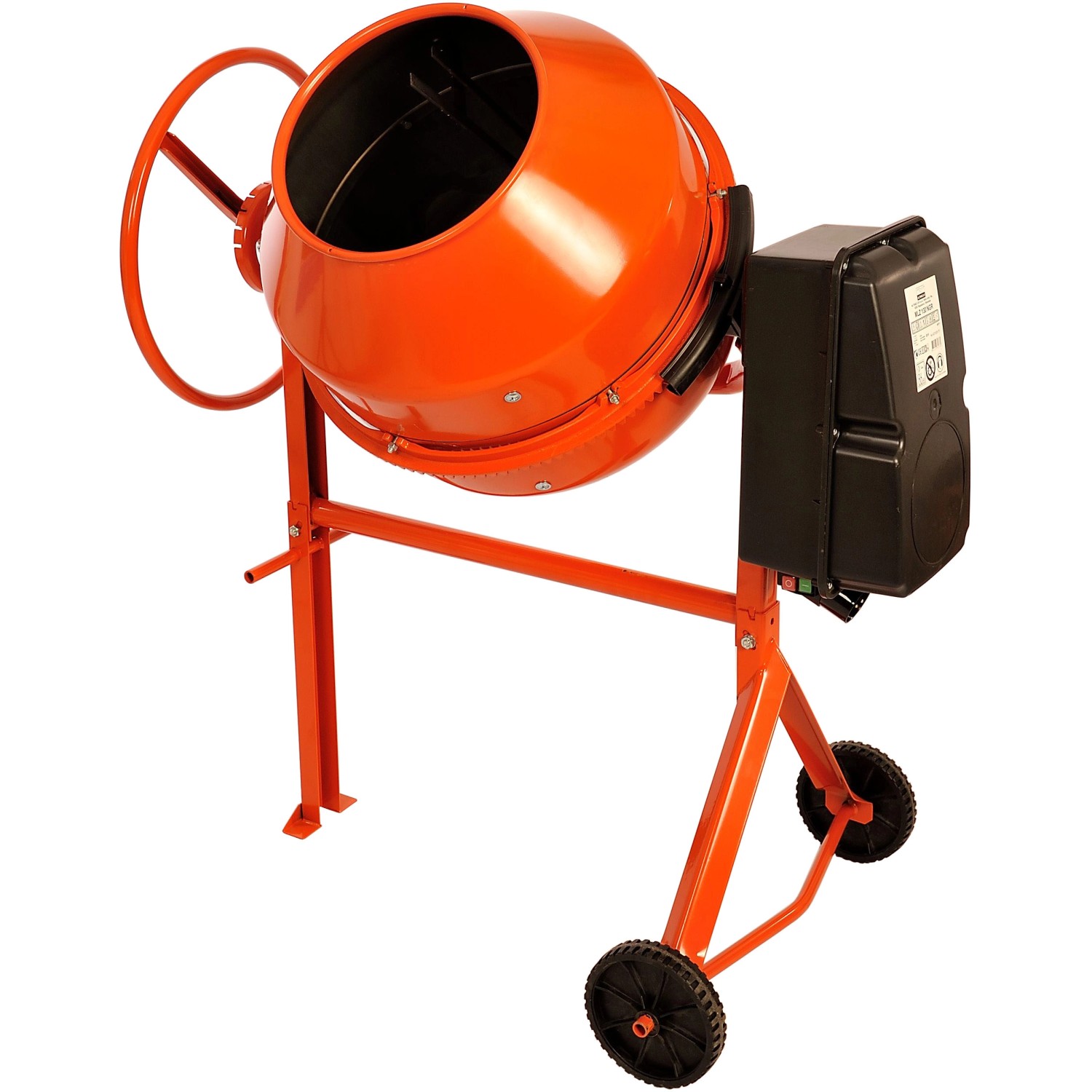 Oranger Betonmischer MLZ 130 NG mit 130 l Trommelvolumen und Rädern.