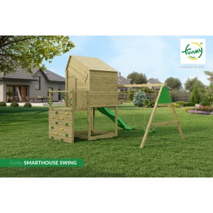 Spielturm Funky Combo mit Schaukel, Rutsche und Kletterwand im Garten.