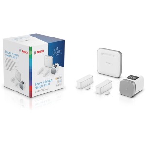 Bosch Smart Home Starter-Set Klima II: Heizkörperthermostat, Fensterkontakt und Controller für smarte Hausautomation.