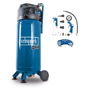 Scheppach HC51V Kompressor mit Zubehör: Vertikal, 50 l Kessel, blau. Inkl. Reifenfüller, Ausblaspistole und Schlauch.