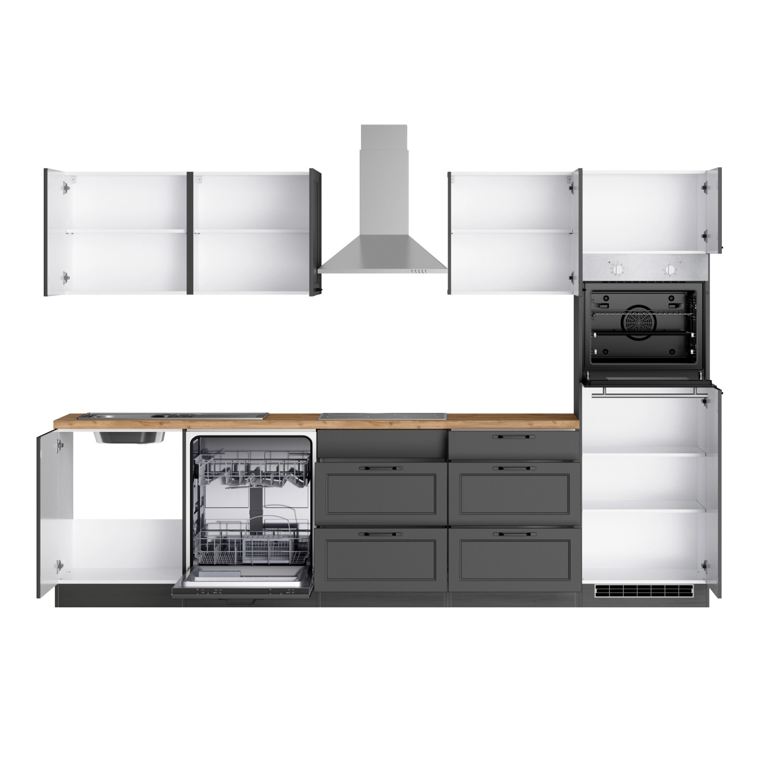Moderne graue Held Küchenzeile Kempten 300 cm mit E-Geräten wie Herd, Ofen und Geschirrspüler.