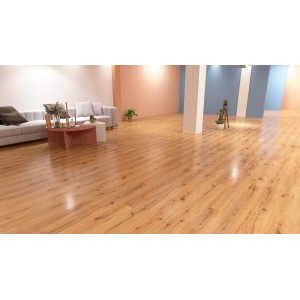 Heller Wohnraum mit verlegtem Vinylboden Eiche Skara Mittel, 3,5 mm Stärke.