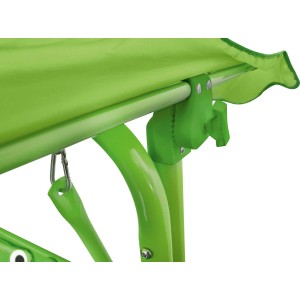 Detailaufnahme: Grüne Hollywoodschaukel Abrigo für Kinder, Gestell und verstellbares Dach.