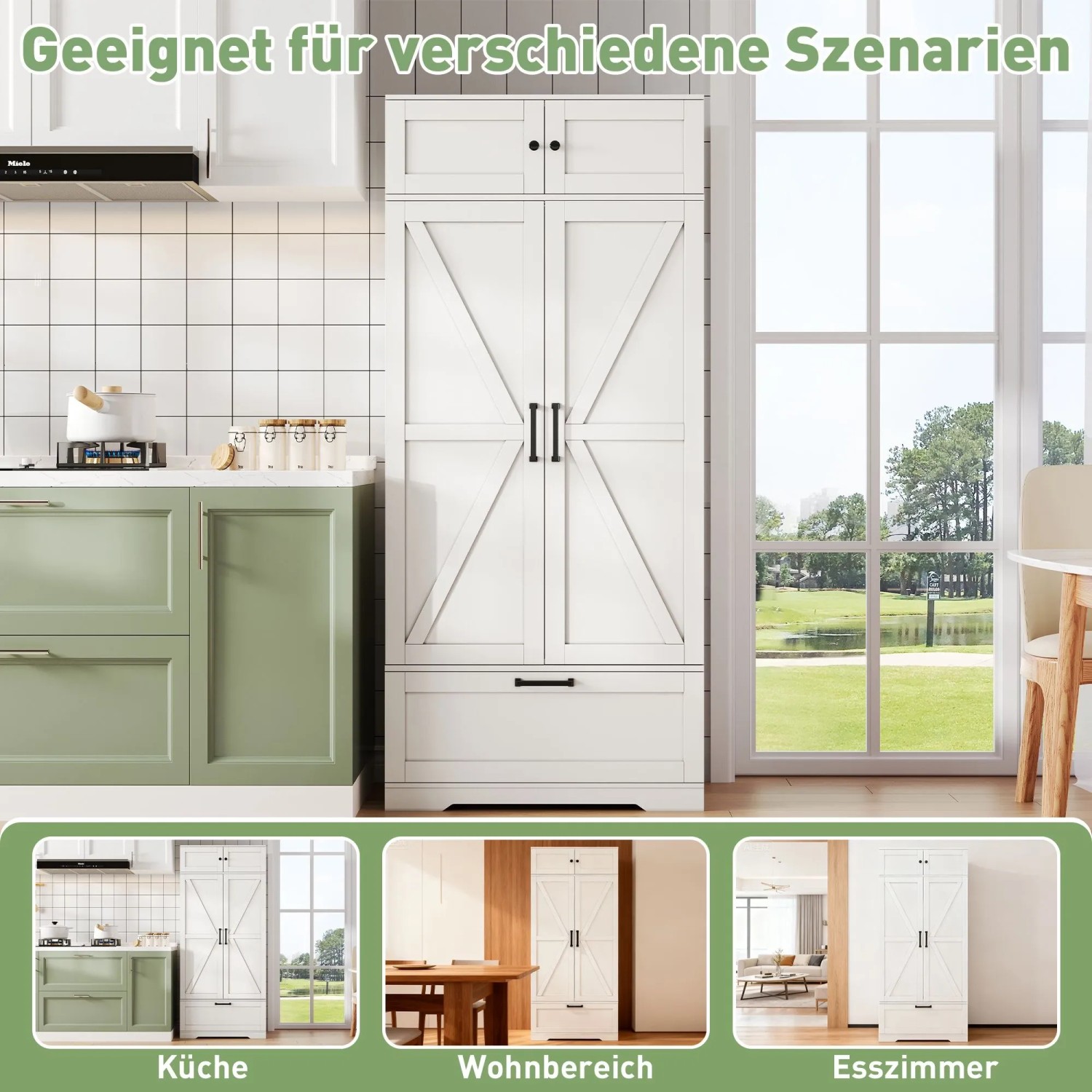 okwish Küchenaufbewahrungsschrank mit Einlegeböden Schubladen Weinregal 80x40x180cm Weiß_8