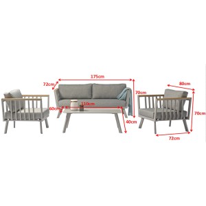 Acamp Gondola Loungegruppe, 4-teilig, taupefarben mit Teak-Akzenten. Gartenmöbel-Set mit Sofa, Sesseln und Tisch.