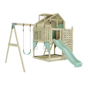PolarPlay Spielturm Lasse mit Schaukel, Rutsche und Kletterwand in Mintgrün.
