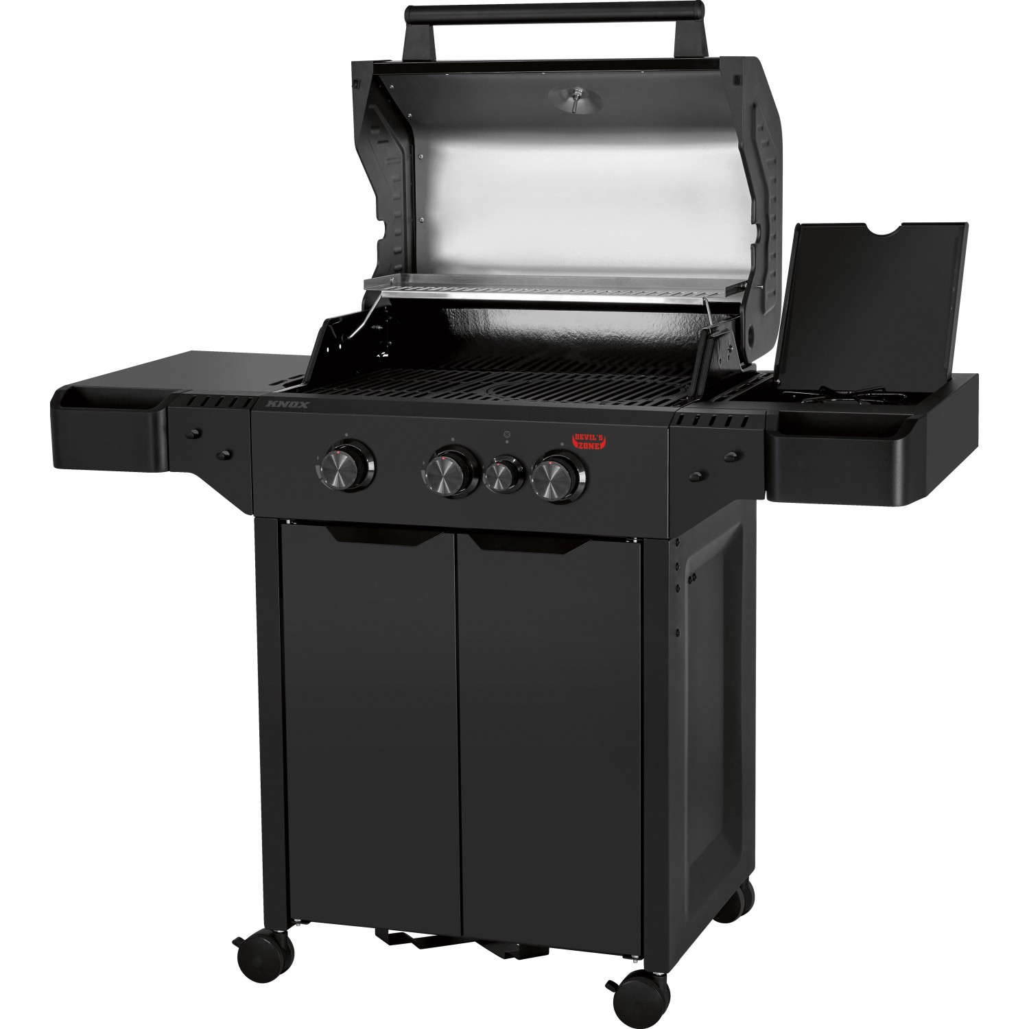 Schwarzer Jamestown 3-Brenner Gasgrill Knox II mit offenem Deckel und Seitenablagen.
