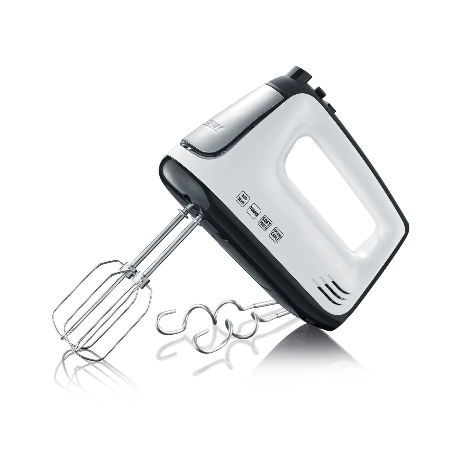 Severin Handmixer HM 3830 in Weiß-Schwarz mit Rührbesen und Knethaken.