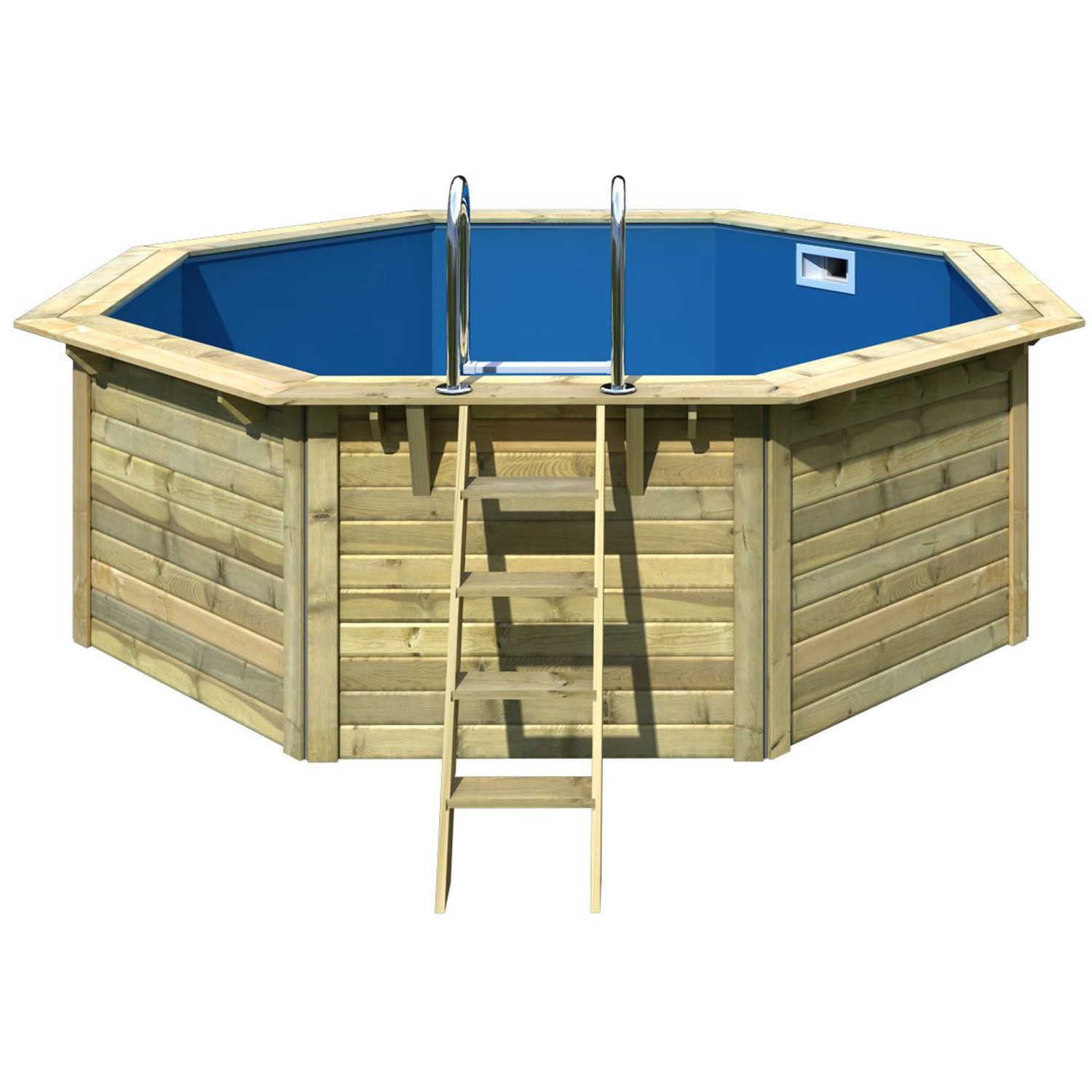 Karibu Holzpool Modell 1 Set mit Leiter und Filteranlage. Achtkant Pool mit blauer Innenfolie.