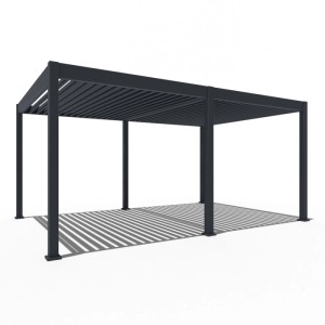 Anthrazitfarbener Weide Deluxe Alu Pavillon 3,6x5,3m mit elektrischem Lamellendach und LED-Beleuchtung.