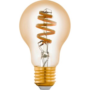 LED Leuchtmittel A60 Filament Tunable White E27 4,9W, amberfarbenes Glas mit spiralförmigen LEDs.