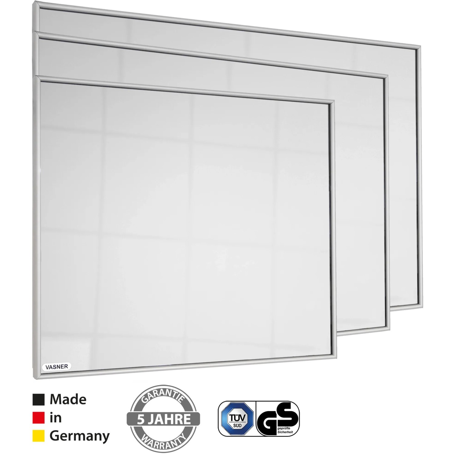 Vasner Spiegel-Infrarotheizung Zipris S 600W mit Alurahmen, verschiedene Größen.