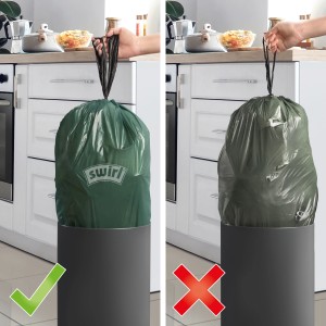 Swirl Müllbeutel 20L mit Zugband, korrekte und falsche Anwendung im Vergleich.