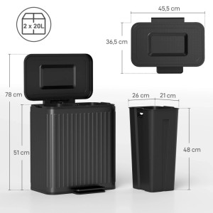 Schwarzer HOMCOM Doppel-Mülleimer 2x20L mit Tretfunktion, herausnehmbaren Eimern. Metall, fingerabdruckresistent.