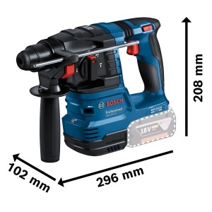 Bosch Professional GBH 18V-22 Akku-Bohrhammer (Solo, ohne Akku) in L-Boxx mit Maßangaben.