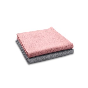 Vileda Actifaser Universaltücher, 2er-Pack: Rosa und graue Mikrofasertücher gestapelt.