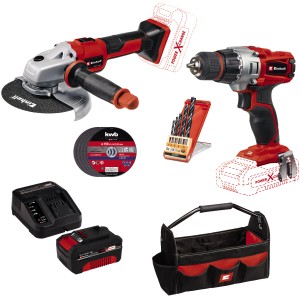 Einhell Power X-Change Maschinenset: Akku-Winkelschleifer, Akkuschrauber, Akku, Ladegerät, Tasche, Trennscheiben, Bohrer.