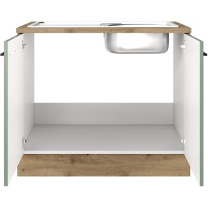 Flex-Well Spülenschrank in Schilfgrün/Artisan Eiche mit offener Front und Edelstahlspüle.